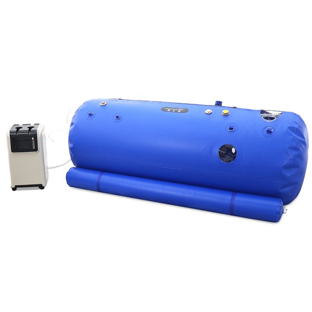 Cámara hiperbárica portátil OxyAir, modelo azul, con concentrador de oxígeno